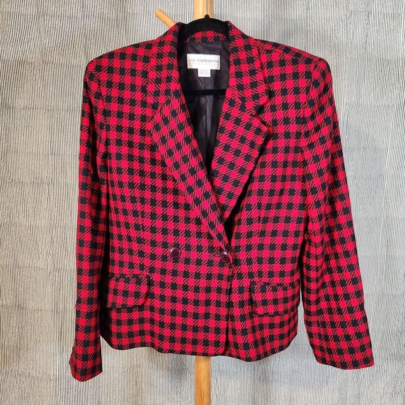 Liz Claiborne $85 Size 8 Vintage Red Buffalo Plaid Wool Double Breasted Blazer - Picture 1 of 10